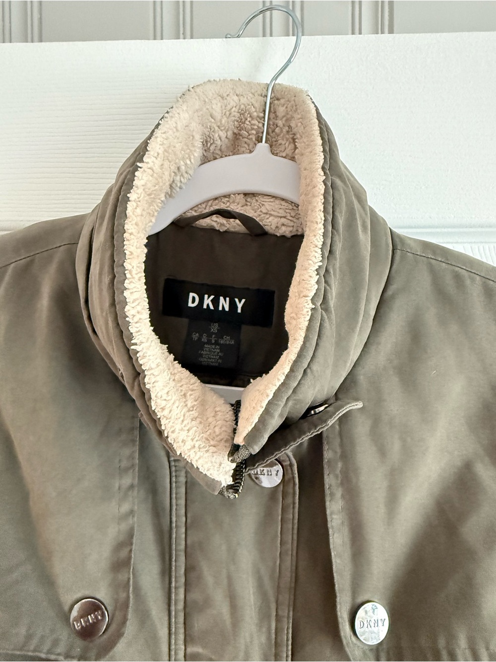 DKNY Olive Green Military Field Jacket with Cream Sherpa Collar